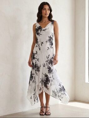 Vintage Y2K Stydio Y Cowel Neck Sleevless  Shark Bite Hem Floral Fairy Dress